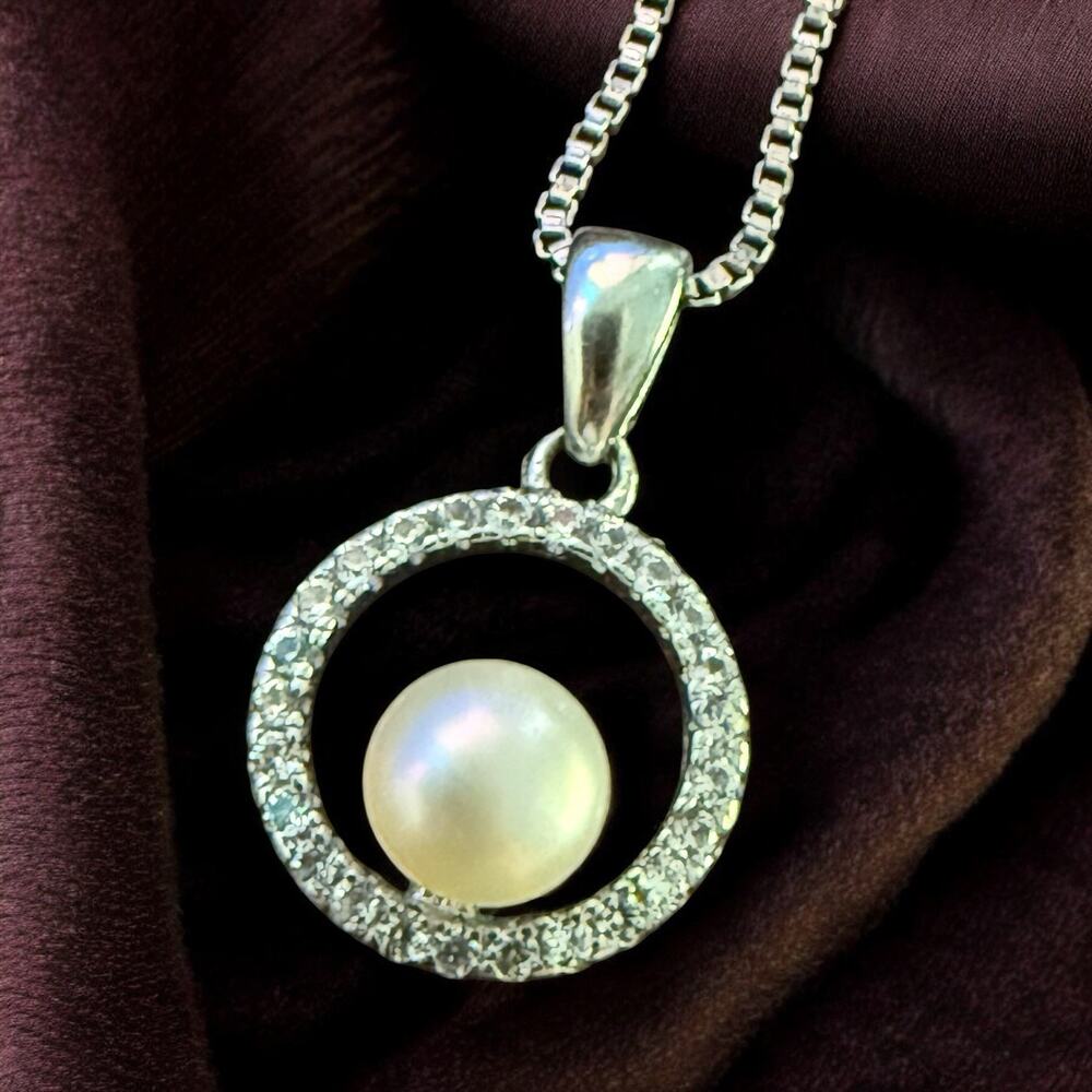 Vintage Pearl Sterling Silver Cubic Zirconia Necklace 18” Signed CP 925